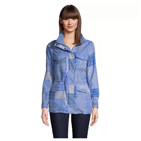 Lands End Hooded Cargo Jacket Blue Patchwork Medium Petite - Picture 2 of 14